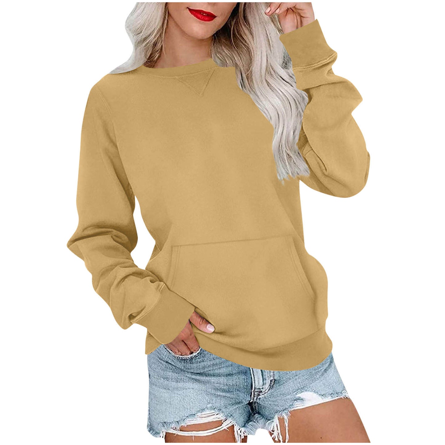 Women's Crewneck Hoodless Sweatshirt With Kangaroo Pocket Fleece Longsleeve Oversized Casual Style Shirt Lightweight Pullover - Seldom Seen Styles