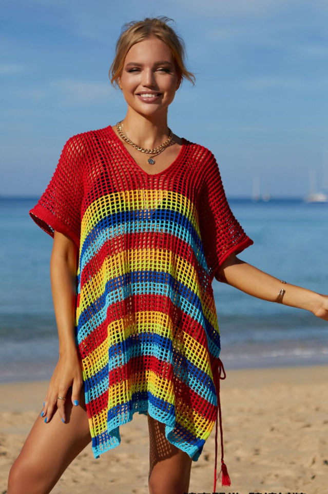 Rainbow Stripe Openwork Slit Cover Up - Seldom Seen Styles