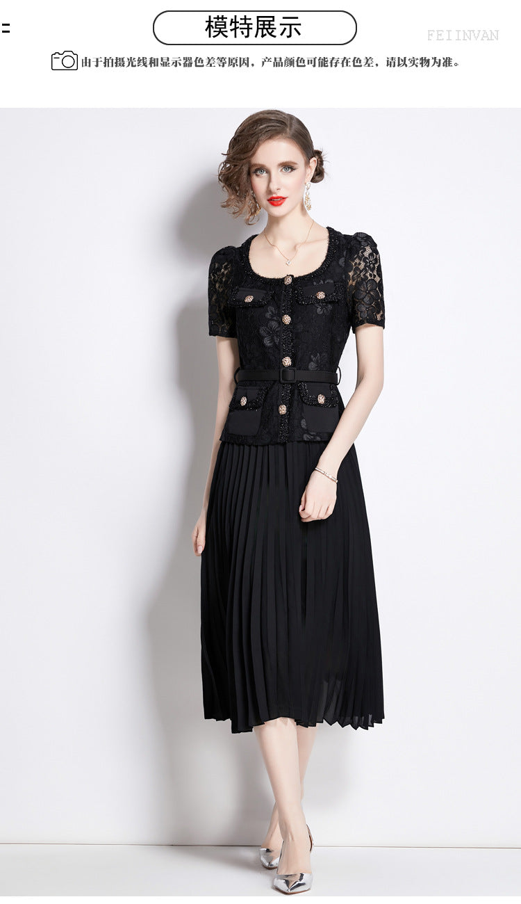Bella Lace Patchwork Pleated Midi Dress  Patchwork Mid-Length Pleated Dress