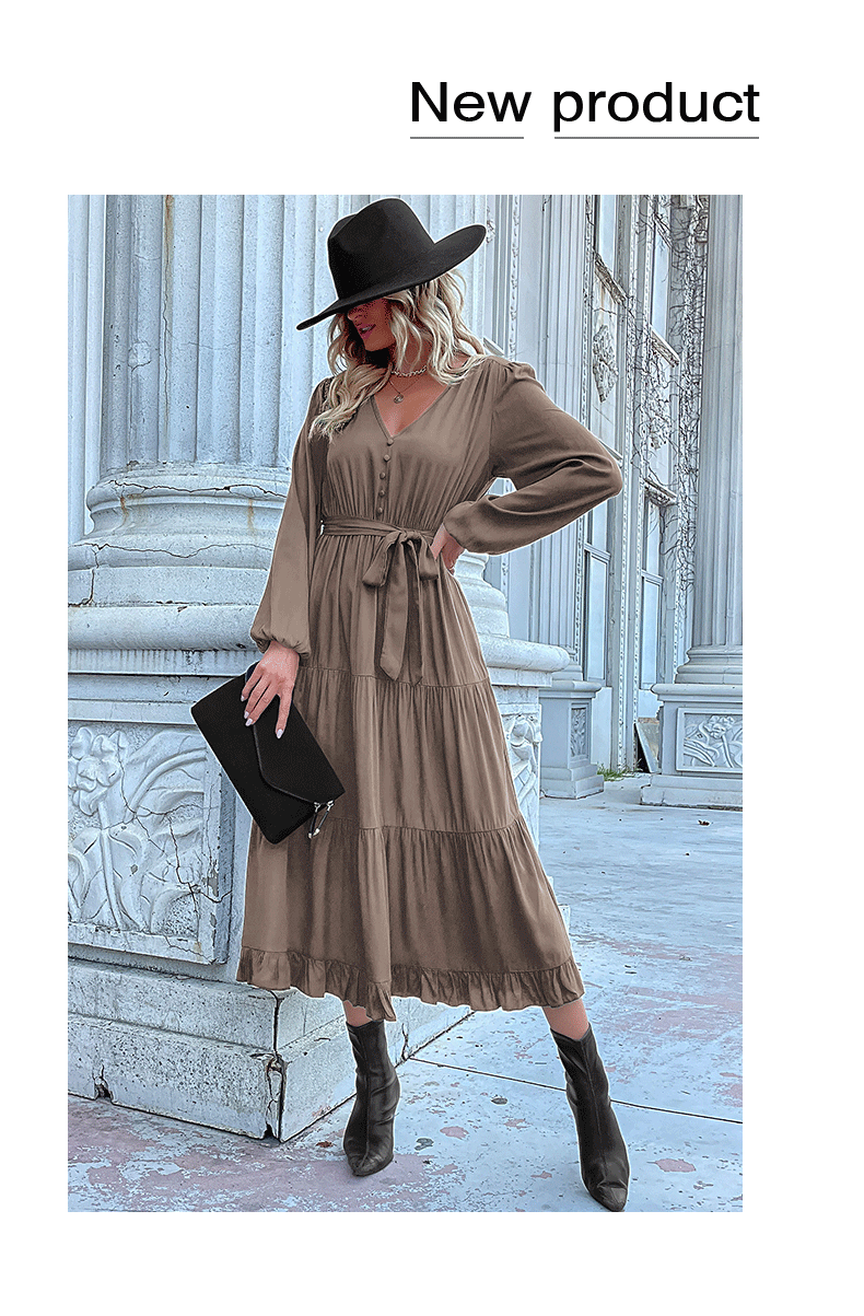 Women's Spring Dresses 2025 Long Sleeve V Neck Button Down Belted A-Line Flowy Ruffle Maxi Shirt Dress Pockets