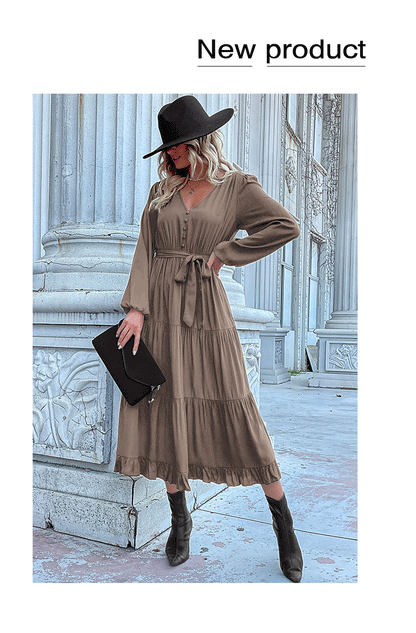 Women's Spring Dresses 2025 Long Sleeve V Neck Button Down Belted A-Line Flowy Ruffle Maxi Shirt Dress Pockets