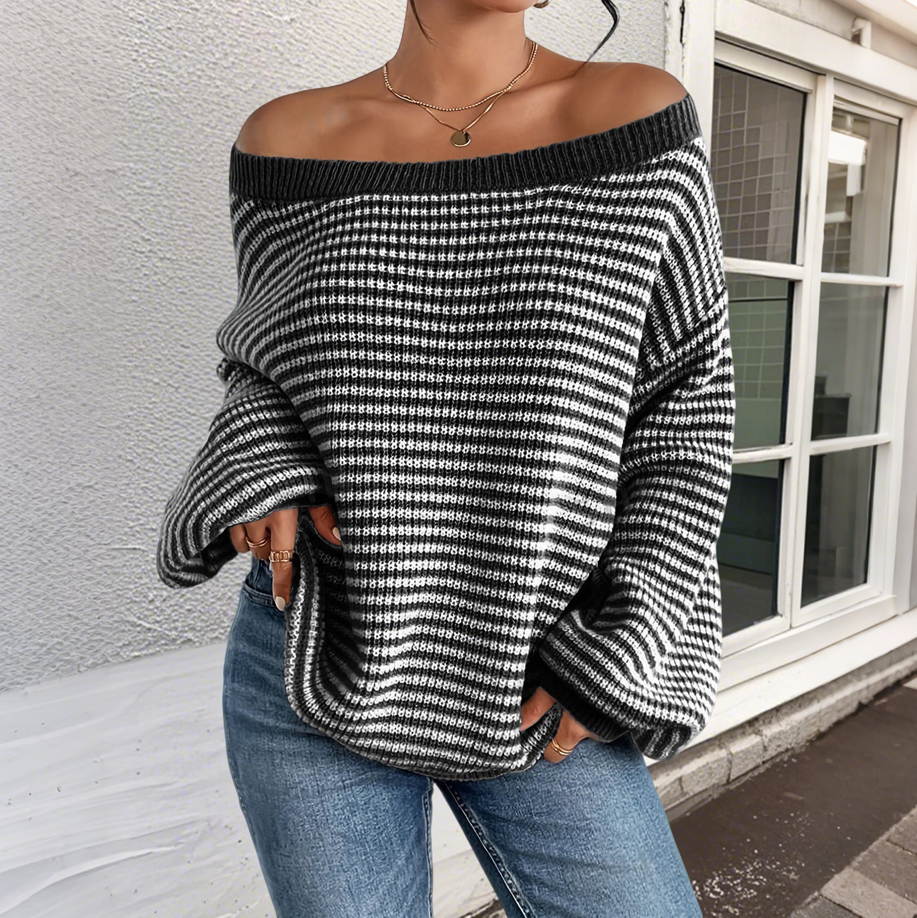 Women's Striped Drop Shoulder Sweater, Y2k Casual Bishop Sleeve Boat Neck Jumper Tops for Daily Outdoor Wear Back To School, Sweaters for Women, Ladies Knitwear for Fall, Fall Outfits, Fallfreshness, Preppy 80s Clothes - Seldom Seen Styles