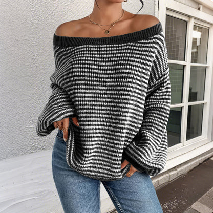 Women's Striped Drop Shoulder Sweater, Y2k Casual Bishop Sleeve Boat Neck Jumper Tops for Daily Outdoor Wear Back To School, Sweaters for Women, Ladies Knitwear for Fall, Fall Outfits, Fallfreshness, Preppy 80s Clothes - Seldom Seen Styles