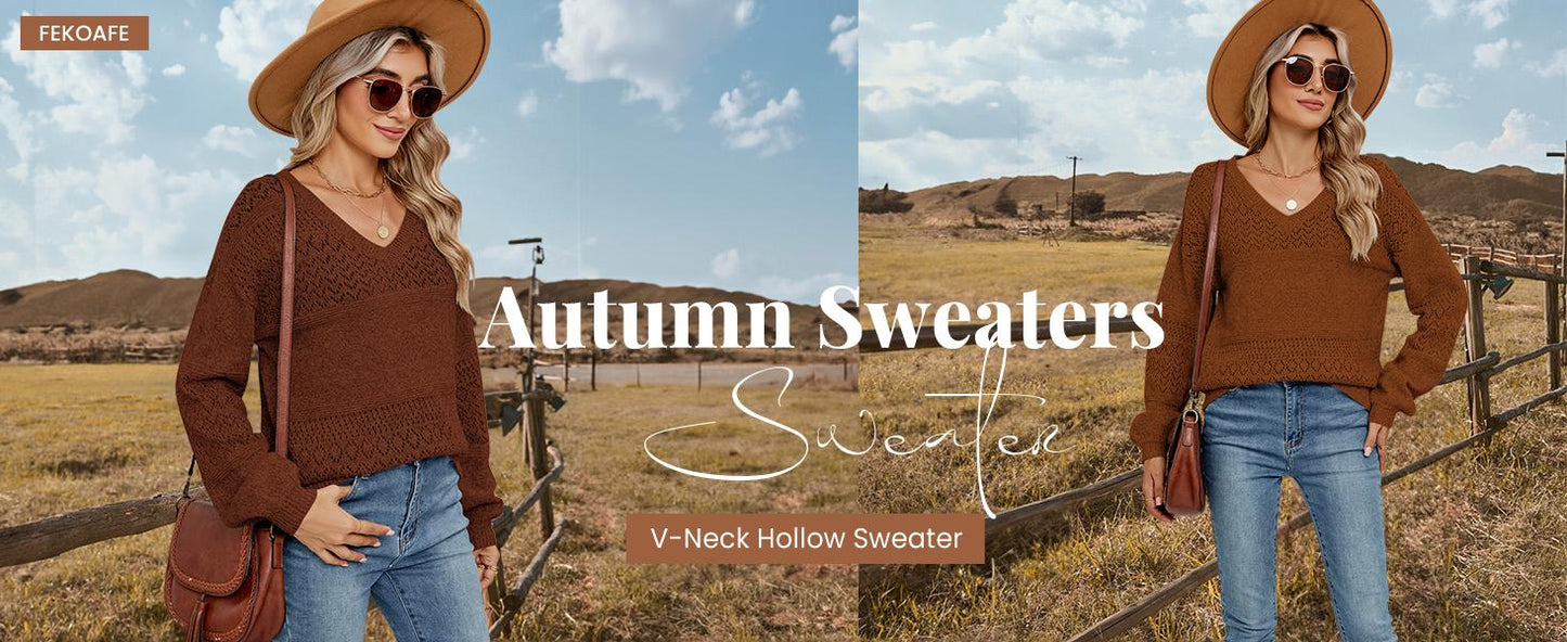 Womens Sweaters 2025 Fall V Neck Long Sleeve Hollow Knit Pullover Sweaters for Women - Seldom Seen Styles