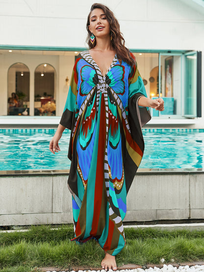 [Plus Size] Butterfly/feather Print Ruched Split Hem Tunic Dress, Valentine's Day Elegant Batwing Sleeve V Neck Long Dress for Summer, Casual Womenswear, Gift, Homecoming Dresses, Women's Clothes for Beach Holiday Vacation, Moo Moo Dresses