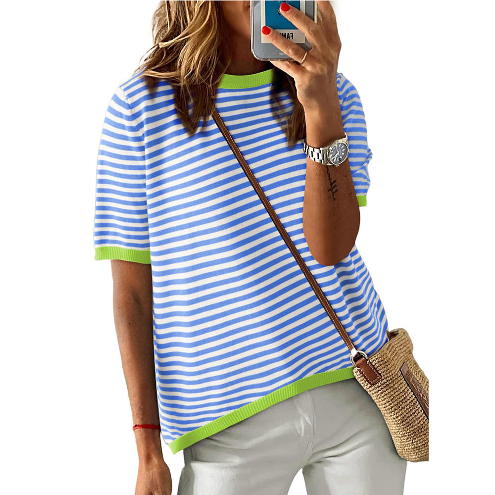 Womens Tops Casual Summer Crewneck Short Sleeve Striped Color Block Knit High Low Trendy Pullover Sweaters - Seldom Seen Styles