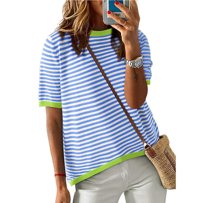 Womens Tops Casual Summer Crewneck Short Sleeve Striped Color Block Knit High Low Trendy Pullover Sweaters - Seldom Seen Styles