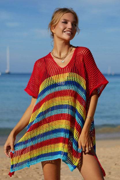 Rainbow Stripe Openwork Slit Cover Up - Seldom Seen Styles