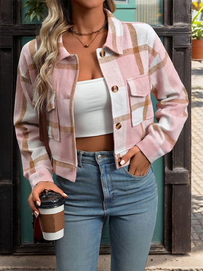 Women's Flannel Cropped Plaid Shacket Jacket Button Down Long Sleeve Shirts Tops