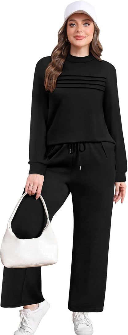 Two Piece Sets for Women Fall Travel Vacation Outfits Long Sleeve Lounge Sets Side Slit Wide Leg Pants S-3XL