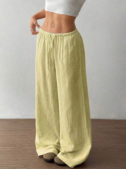 Womens Cotton Linen Palazzo Pants Drawstring Elastic Waist Casual Wide Leg Trousers with Pockets - Seldom Seen Styles