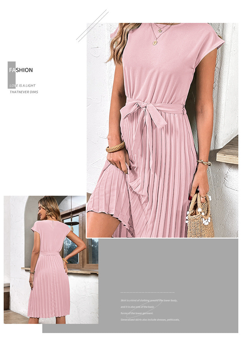 Women Summer Maxi Pleated Dress Casual Cap Sleeve Flowy Swing Loose Fit Midi Dresses Pocket Crew Neck Back Button
