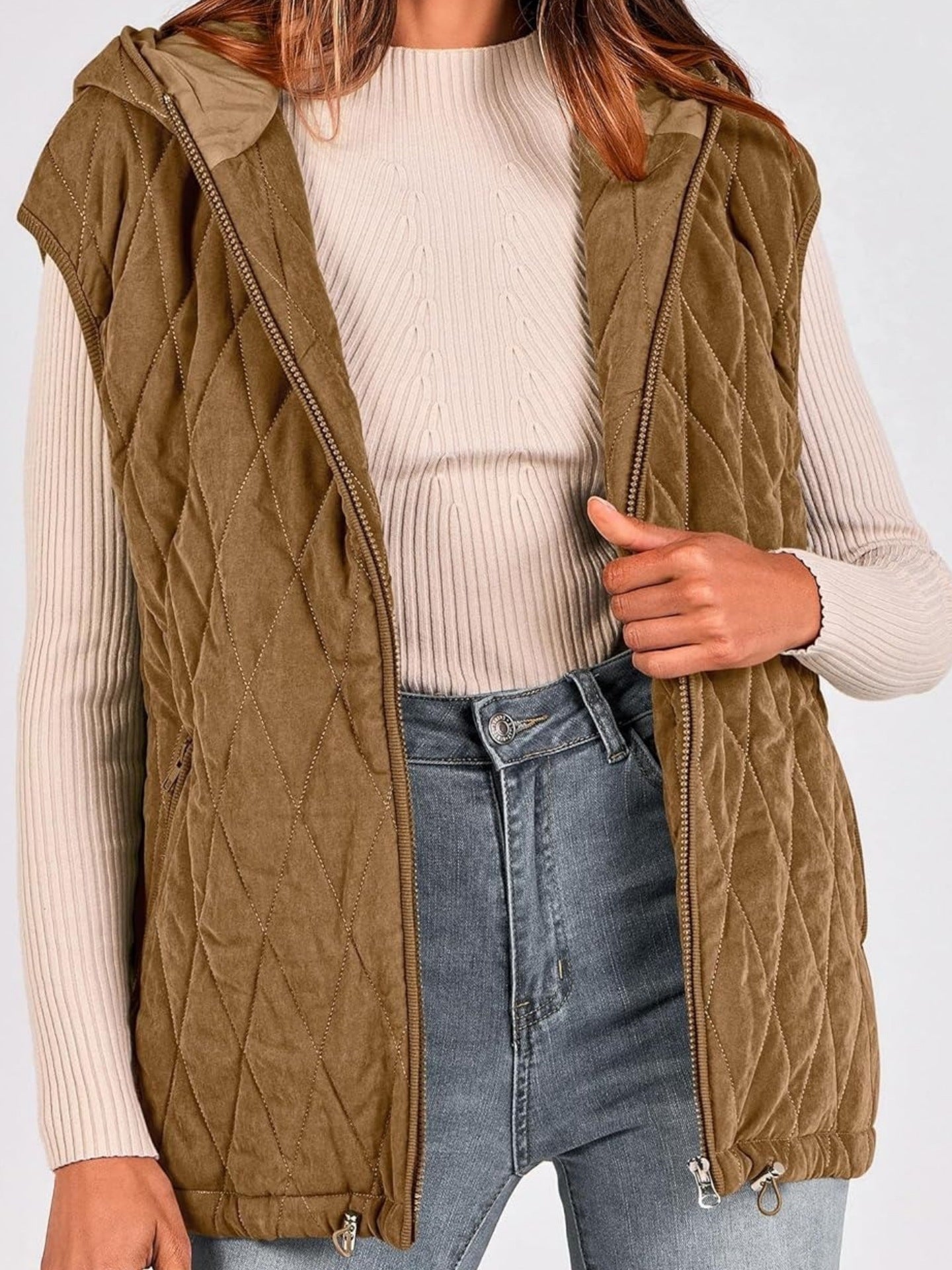 Women's Quilted Vest Casual Sleeveless Hooded Zip Up Diamond pattern Jacket With Pockets Winter Coat Outerwear Minimalist Top - Seldom Seen Styles