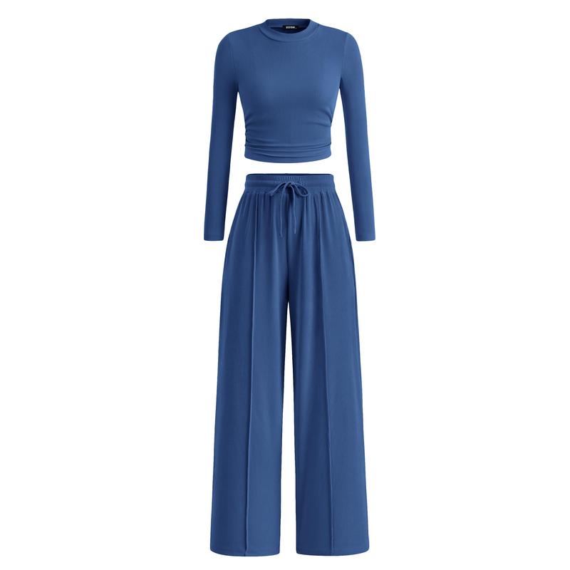 BTFBM 2-Piece Ribbed Knit Long Sleeve Crop Top Wide Leg Pants Matching Lounge Set Loungewear
