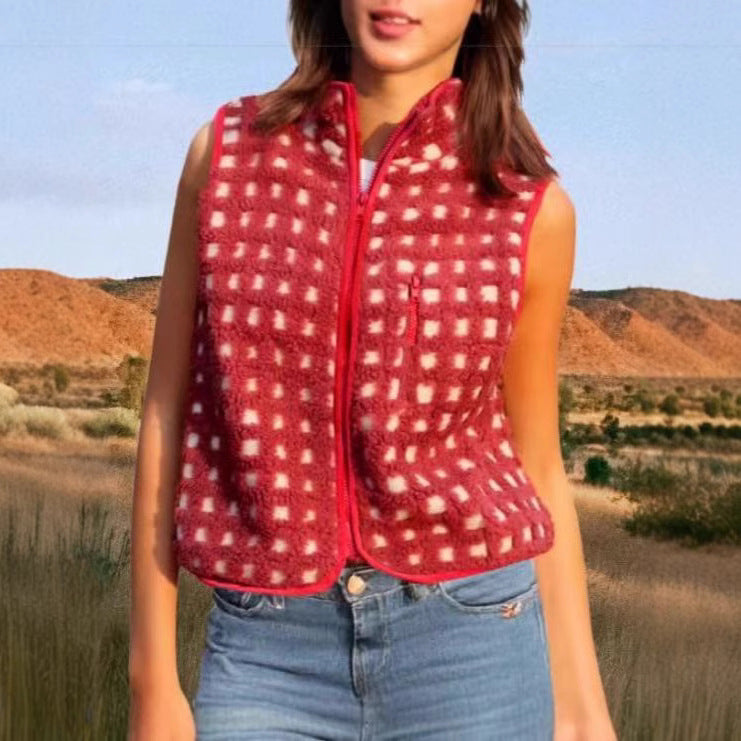 Womens Checkered Sherpa Vest Sleeveless Fleece Jacket High Neck Zip Up Plaid Gilet with Chest Pocket - Seldom Seen Styles