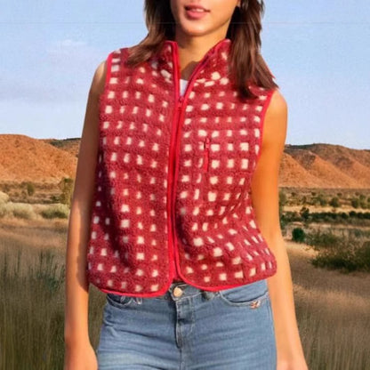 Womens Checkered Sherpa Vest Sleeveless Fleece Jacket High Neck Zip Up Plaid Gilet with Chest Pocket - Seldom Seen Styles