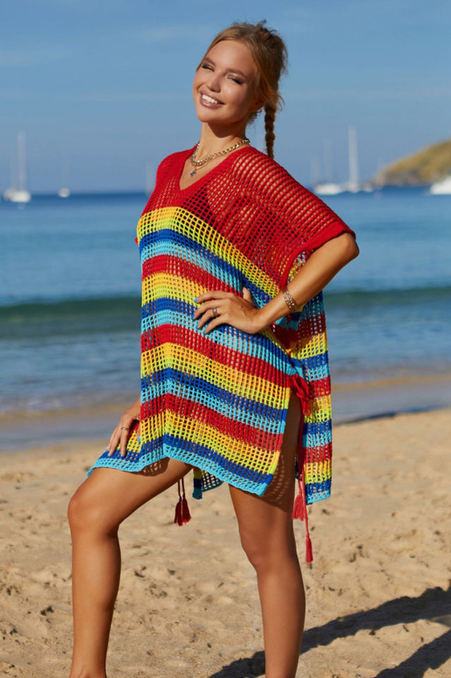 Rainbow Stripe Openwork Slit Cover Up - Seldom Seen Styles