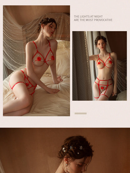 Romantic Rose Embroidered 3-Piece Lingerie Set with Sensory Pearls - T-Back Bra & Thong in 5 Colors - Seldom Seen Styles