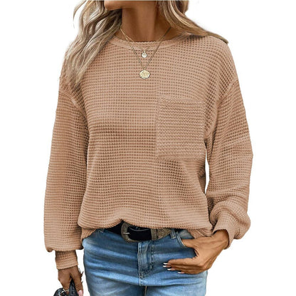 Womens Waffle Knit Tops 2025 Oversized Long Sleeve Crewneck Shirts Business Casual Blouses Basic Shirts - Seldom Seen Styles