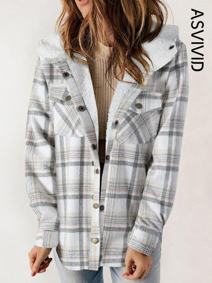 Women's Plaid / Houndstooth Print Button Front Hooded Coat, Casual Long Sleeve Pocket Coat for Fall & Winter, Ladies Outerwear for Daily Wear - Seldom Seen Styles