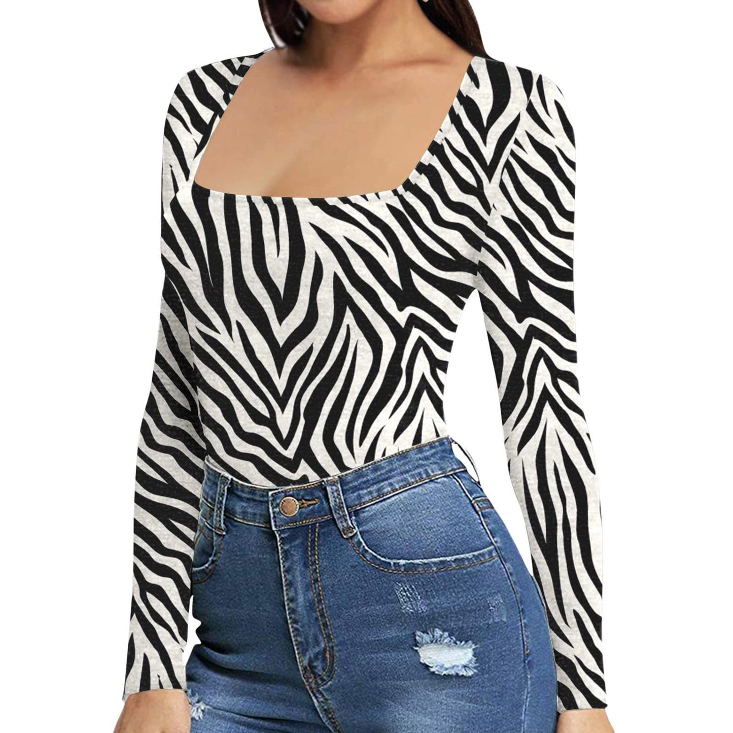Women's Sexy Square Neck Bodysuit Long Sleeve Double Lined Shirt Tops