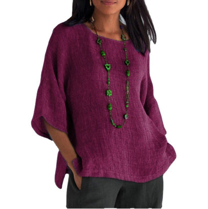 Womens Cotton Linen 3/4 Sleeve Casual Loose Top Crew Neck Shirt Spring Summer Oversized Solid Color Blouses for Women 2024 - Seldom Seen Styles