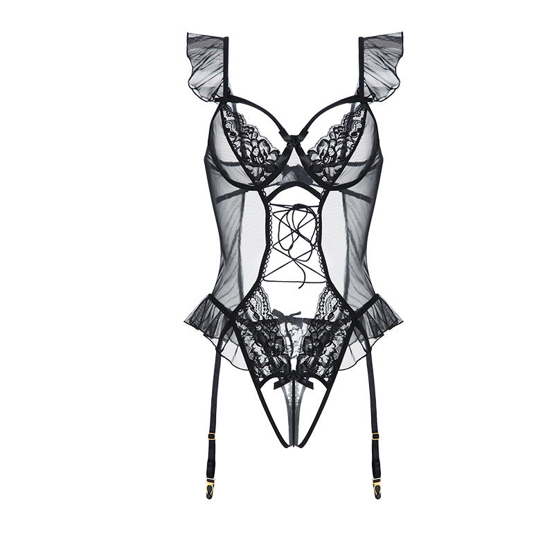 Gorgeous Sexy Mesh Slim-Fit Tie-Up Bodysuit Open-Crotch Temptation Pure Desire Erotic Lingerie Uniform Set - Seldom Seen Styles