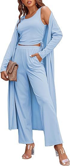 Cozy New Ekouaer Women's 3 Piece Knit Lounge Set Long Sleeve Cardigan Sleeveless Top Pants Sweatsuit S-XXL - Seldom Seen Styles