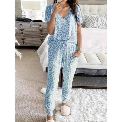 Two-piece Set Women's Leopard Print Drop Shoulder Top & Drawstring Pants Pyjama Set, Soft Casual Comfortable Long Sleeve Top & Pocket Trousers Pj Set, Women's Sleepwear for Spring & Fall, Glam Lounge Wear, Loungesetwomen, Pajamas, Womenswea Fit Loungewear