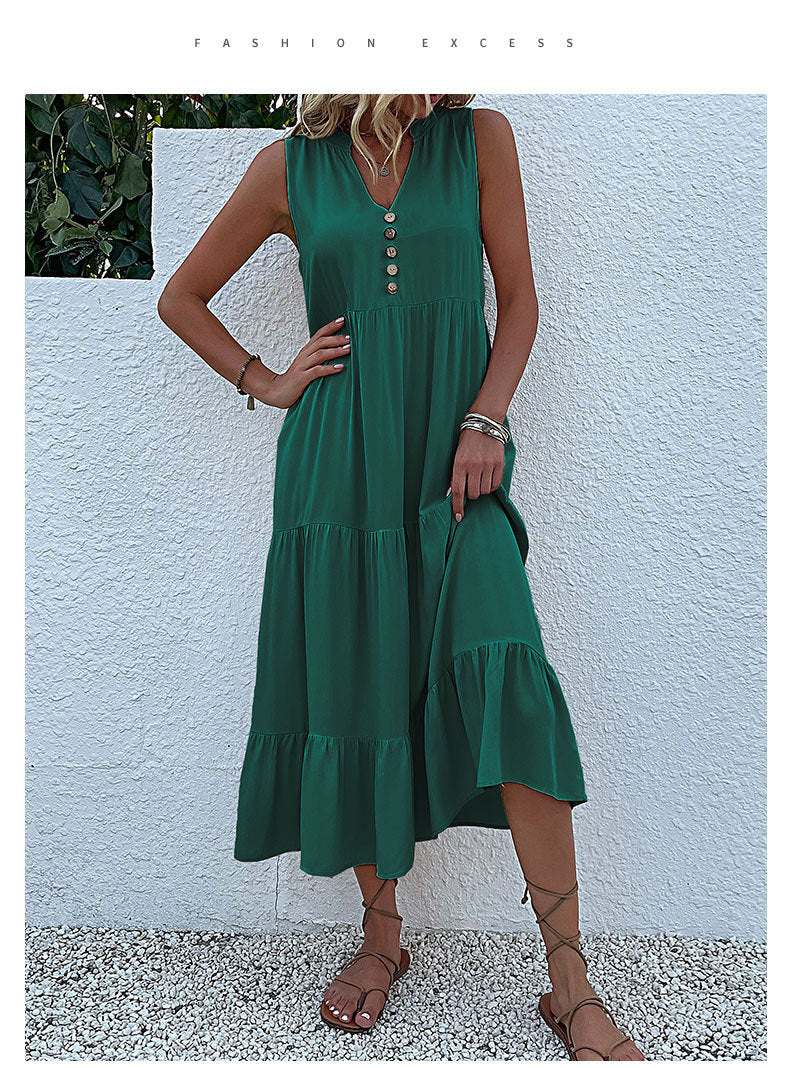 Summer Flowy Maxi Dress with Pockets Sleeveless Loose Casual Sundress V-Neck Tiered Sun Dress for Beach Cruise Vacations