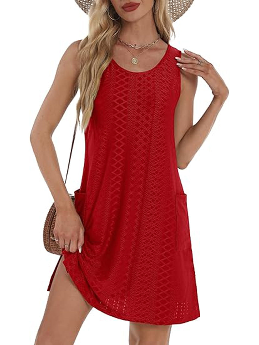 Coverup Summer Dresses for Women 2025 Eyelet Casual Loose Sleeveless Sundresses Tank Dresses with Pockets