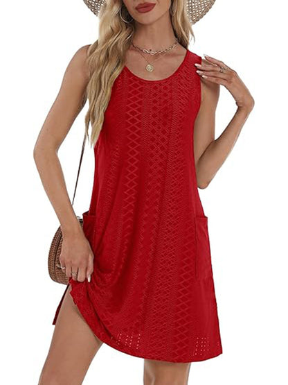Coverup Summer Dresses for Women 2025 Eyelet Casual Loose Sleeveless Sundresses Tank Dresses with Pockets