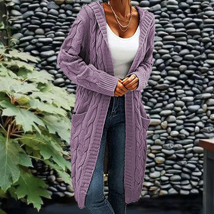 Women's Pocket Drop Shoulder Cardigan, Hooded Long Sleeve Warm Top, Casual Textured Knit Open Front Cable Outwear, Sweaters for Women - Seldom Seen Styles