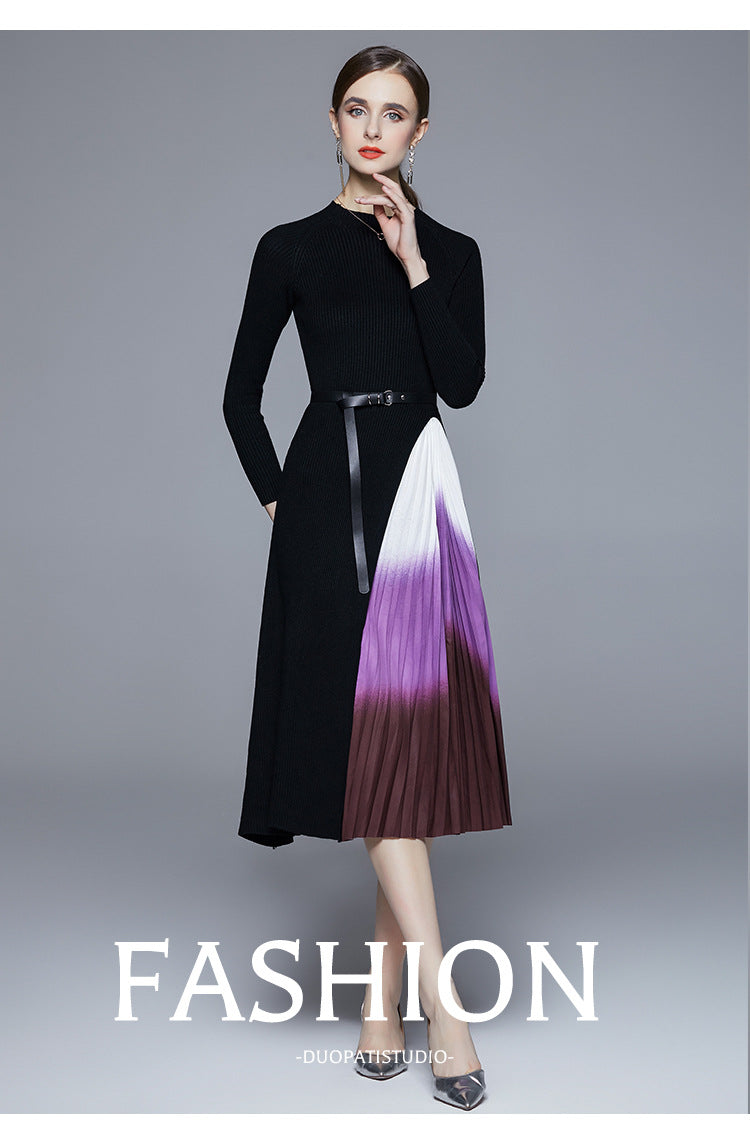 Reese Gradient Patchwork Pleated Midi Dress  Knitted Patchwork Gradient Color Pleated Slim Waist Large Swing Long Dress