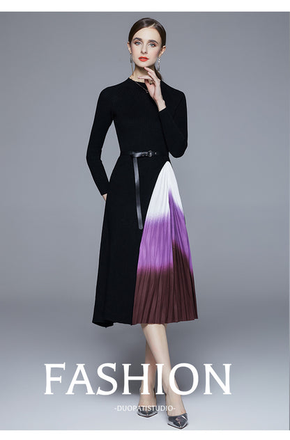 Reese Gradient Patchwork Pleated Midi Dress  Knitted Patchwork Gradient Color Pleated Slim Waist Large Swing Long Dress