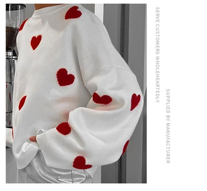 Women's Spring Heart Print Long Sleeve Crewneck Knitting Jumper, Comfort Round Neck Sweater for Daily Streetwear, Tiktop Shop, Lady's Top for Spring