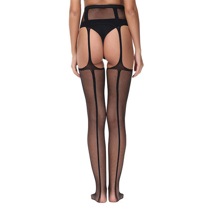 Trendy Open-Crotch Lace Transparent Suspender Black Silk Sexy Fishnet Stockings Non-Slip One-Piece Garter Belt for Women7546 - Seldom Seen Styles