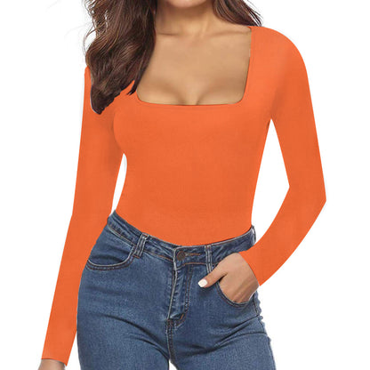 Women's Sexy Square Neck Bodysuit Long Sleeve Double Lined Shirt Tops