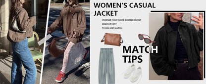 Women's Faux Suede Bomber Jacket Spring Lapel Pilot Coat Casual Oversized Long Sleeves Trendy Streetwear Outerwear