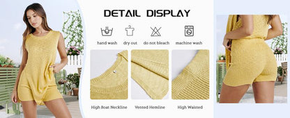 Women's 2 Piece Outfits Summer Knit Sweater Set Sleeveless Tunic Top Matching Shorts Trendy Beach Vacation Sets Loungesetwomen Suits Clothes Womenswear  Basic Beige - Seldom Seen Styles