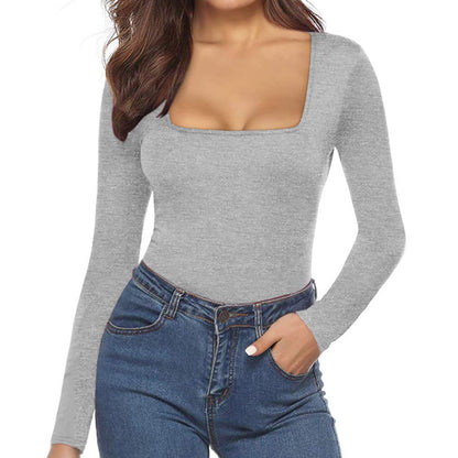 Women's Sexy Square Neck Bodysuit Long Sleeve Double Lined Shirt Tops