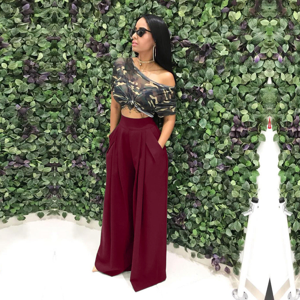 Women's Plain Plicated Pocket Wide Leg Pants, Casual Comfy High Waist Trousers for Summer, Ladies Bottoms for Daily Wear - Seldom Seen Styles