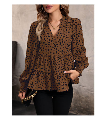 Leopard Print Blouse Shirts for Womens Black Polka Dots V Neck Long Sleeve Blouse Ruffle Flared Hem Babydoll Blouse