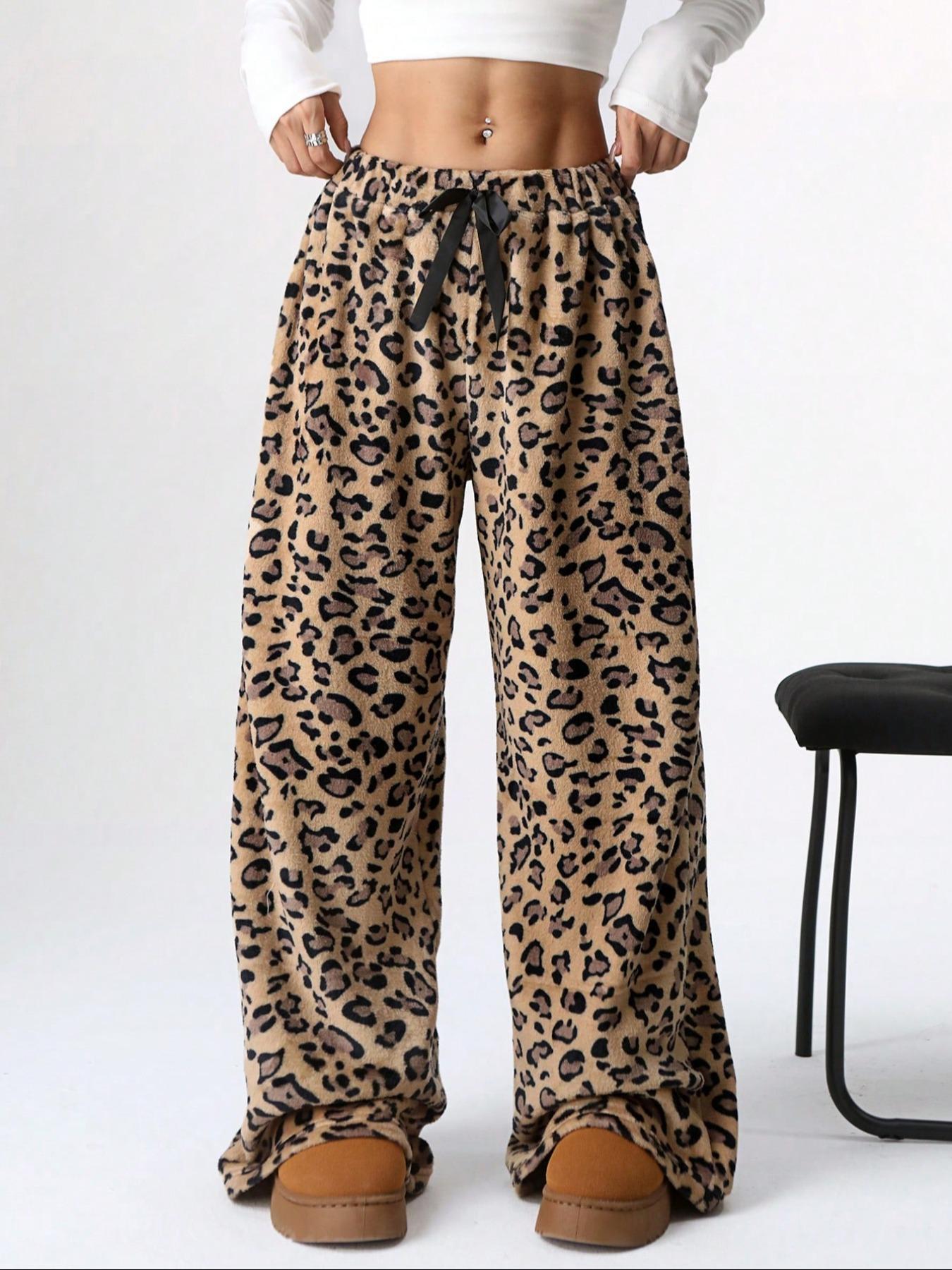 Women's Leopard Print Bow Decor Wide Leg Pants, Casual Comfy Trousers for Daily Wear, Ladies Bottoms for Fall & Winter - Seldom Seen Styles