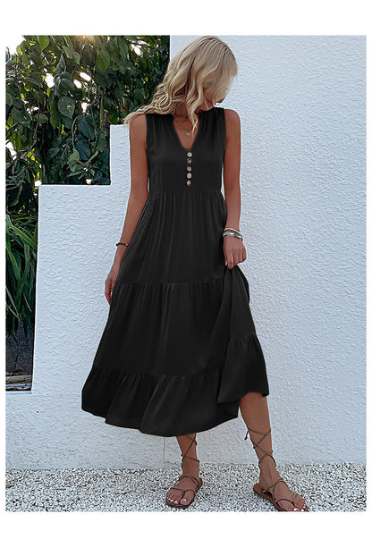 Summer Flowy Maxi Dress with Pockets Sleeveless Loose Casual Sundress V-Neck Tiered Sun Dress for Beach Cruise Vacations