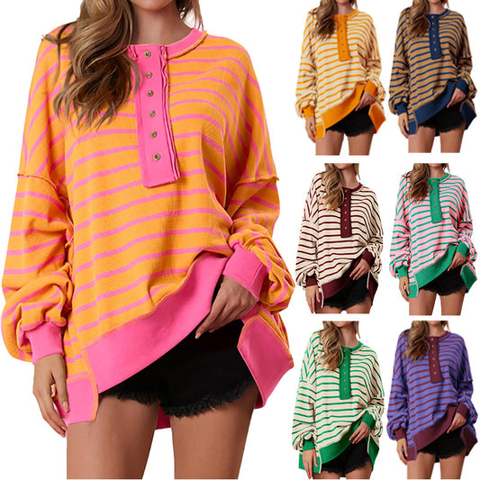 Bela Womens Oversized Striped Sweatshirts Henley Shirts Color Block Casual Pullover Waffle Knit Tops - Seldom Seen Styles