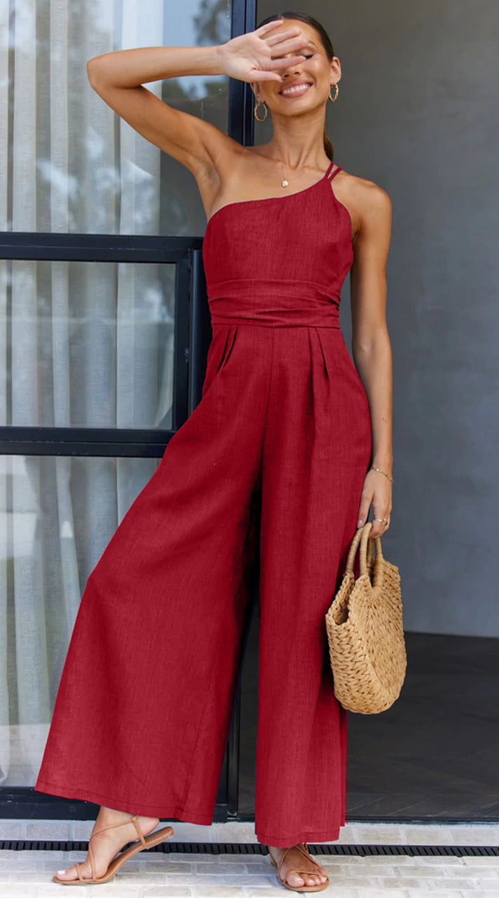 Women's Summer Straps One Shoulder High Waist Dressy Casual Wide Leg Linen Jumpsuit Romper Beach Travel Outfits