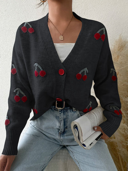 Women's Cherry Pattern Button Front Knitting Longsleeves Cardigan, Casual Elegant Long Sleeve Sweater Cardigan for Fall &amp; Winter, Women's Knit Clothing for Daily Wear, Cardigan for Women, Women's Cardigan, Womenswear, Knitwear, Clothe - Seldom Seen Styles