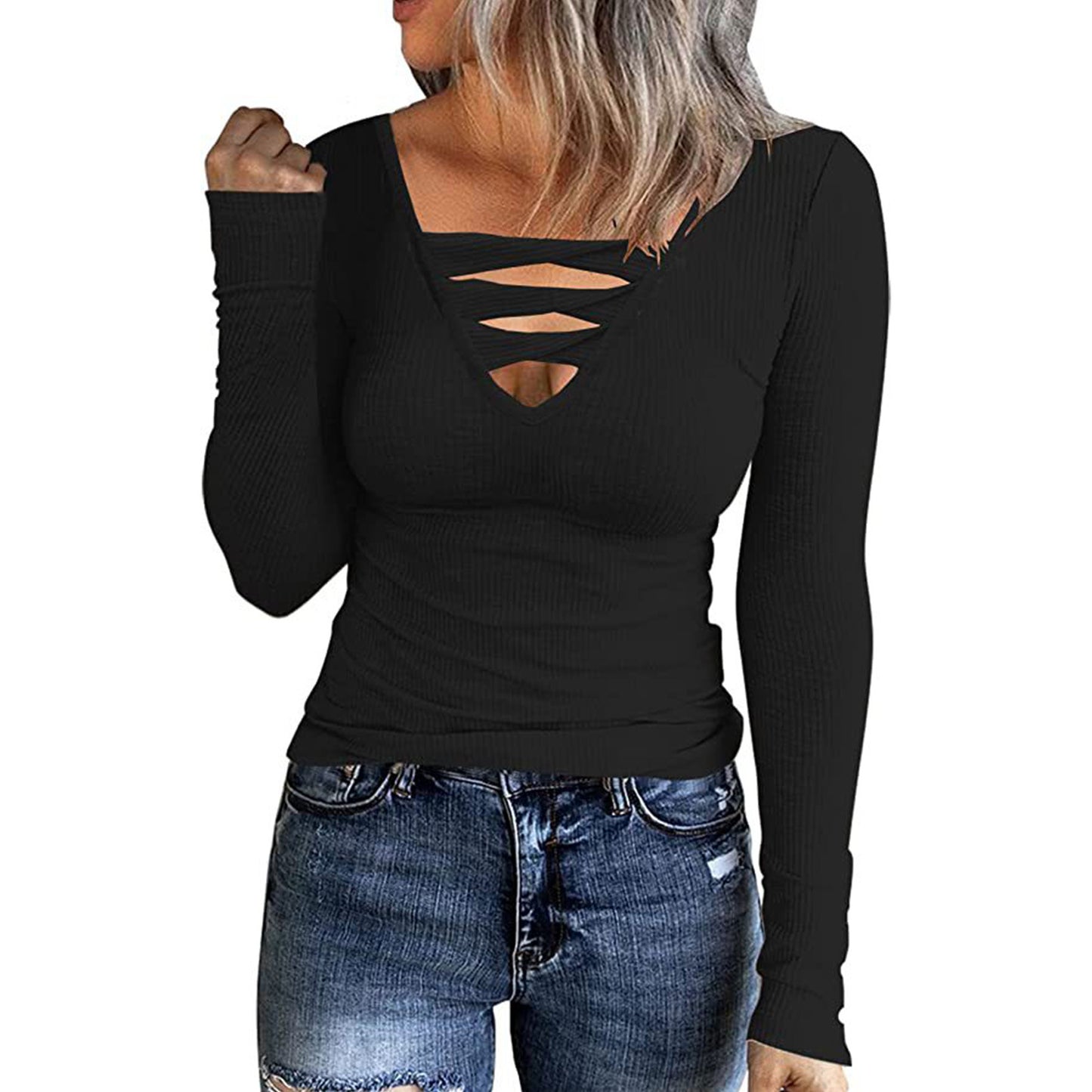 Women's Plain Twist Cut Out V Neck Tee, Casual Long Sleeve Ribbed T-shirt for Summer, Ladies  Tops  Clothes for Daily Wear - Seldom Seen Styles