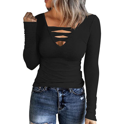 Women's Plain Twist Cut Out V Neck Tee, Casual Long Sleeve Ribbed T-shirt for Summer, Ladies  Tops  Clothes for Daily Wear - Seldom Seen Styles